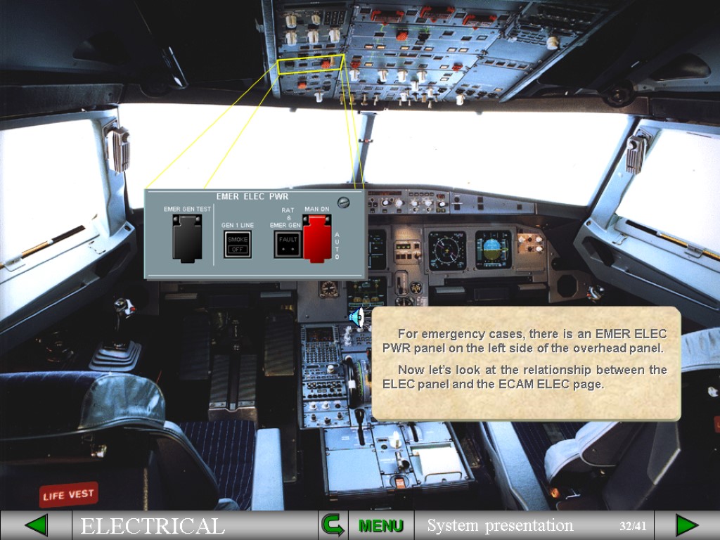 For emergency cases, there is an EMER ELEC PWR panel on the left side